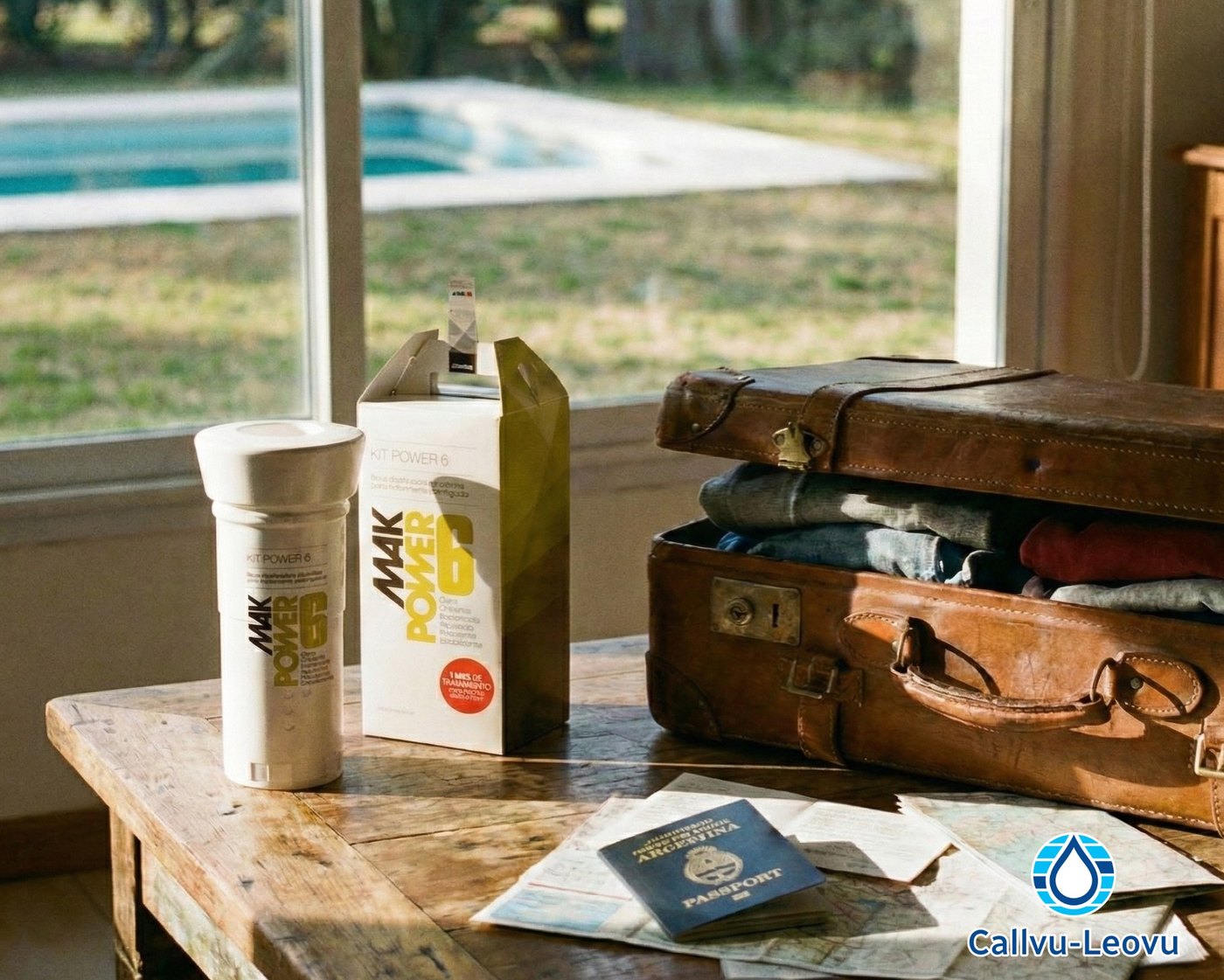 MAK POWER 6 con boya dosificadora, junto a una valija lista para las vacaciones