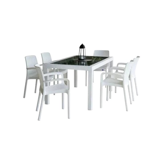 Combo mesa Indonesia vidrio y 6 sillas Guinea blanco