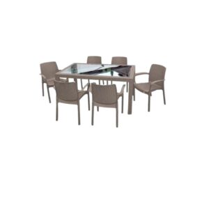 Combo mesa Indonesia vidrio y 6 sillas Guinea capuchino